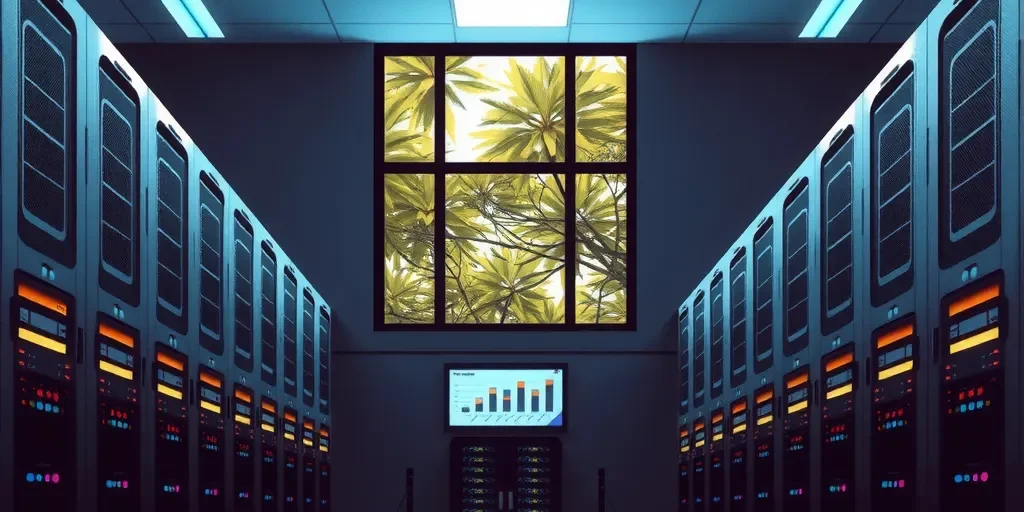 Server Room futuristic server room with rows of humming servers and The room is dimly lit, with soft blue hues casting an ambient glow over the equipment. A few strategically placed LED lights add a touch of modernity to the space. In the center of the frame, a large window allows natural light to flood in, symbolizing growth and renewal. The overall atmosphere is one of cutting-edge technology and innovative design. include some of the following: A few scattered cables or wires snaking across the floor A row of monitoring screens displaying graphs and charts showing server performance metrics A small cluster of servers with custom cases or unique designs A faint glow emanating from a nearby data center