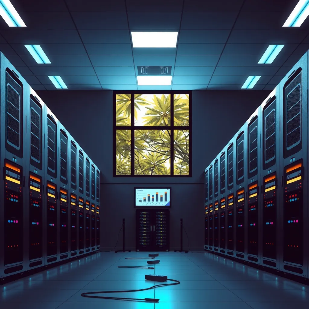 futuristic server room with rows of humming servers and The room is dimly lit, with soft blue hues casting an ambient glow over the equipment. A few strategically placed LED lights add a touch of modernity to the space. In the center of the frame, a large window allows natural light to flood in, symbolizing growth and renewal. The overall atmosphere is one of cutting-edge technology and innovative design. include some of the following: A few scattered cables or wires snaking across the floor A row of monitoring screens displaying graphs and charts showing server performance metrics A small cluster of servers with custom cases or unique designs A faint glow emanating from a nearby data center
